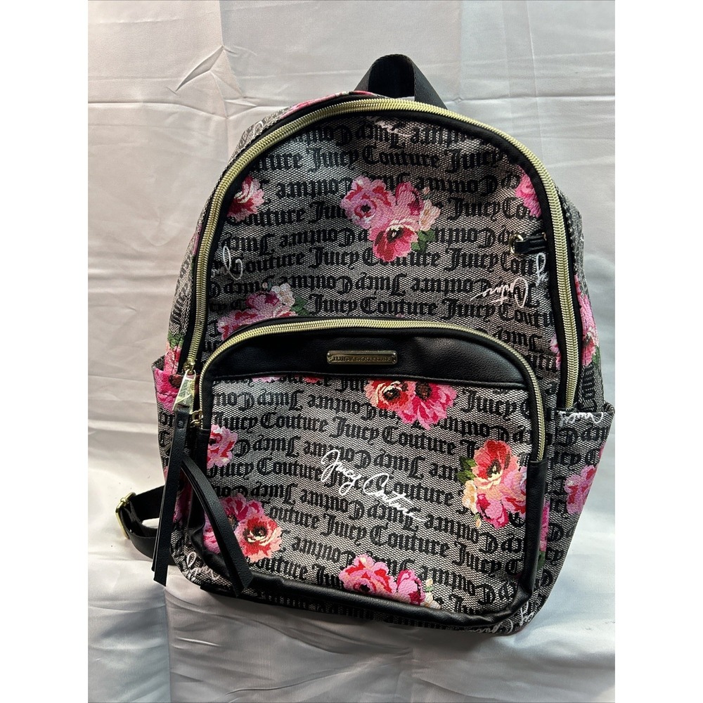 Juicy Couture Mini Backpack Floral Logo Monogram‎ Black Pink Roses Zip Pockets